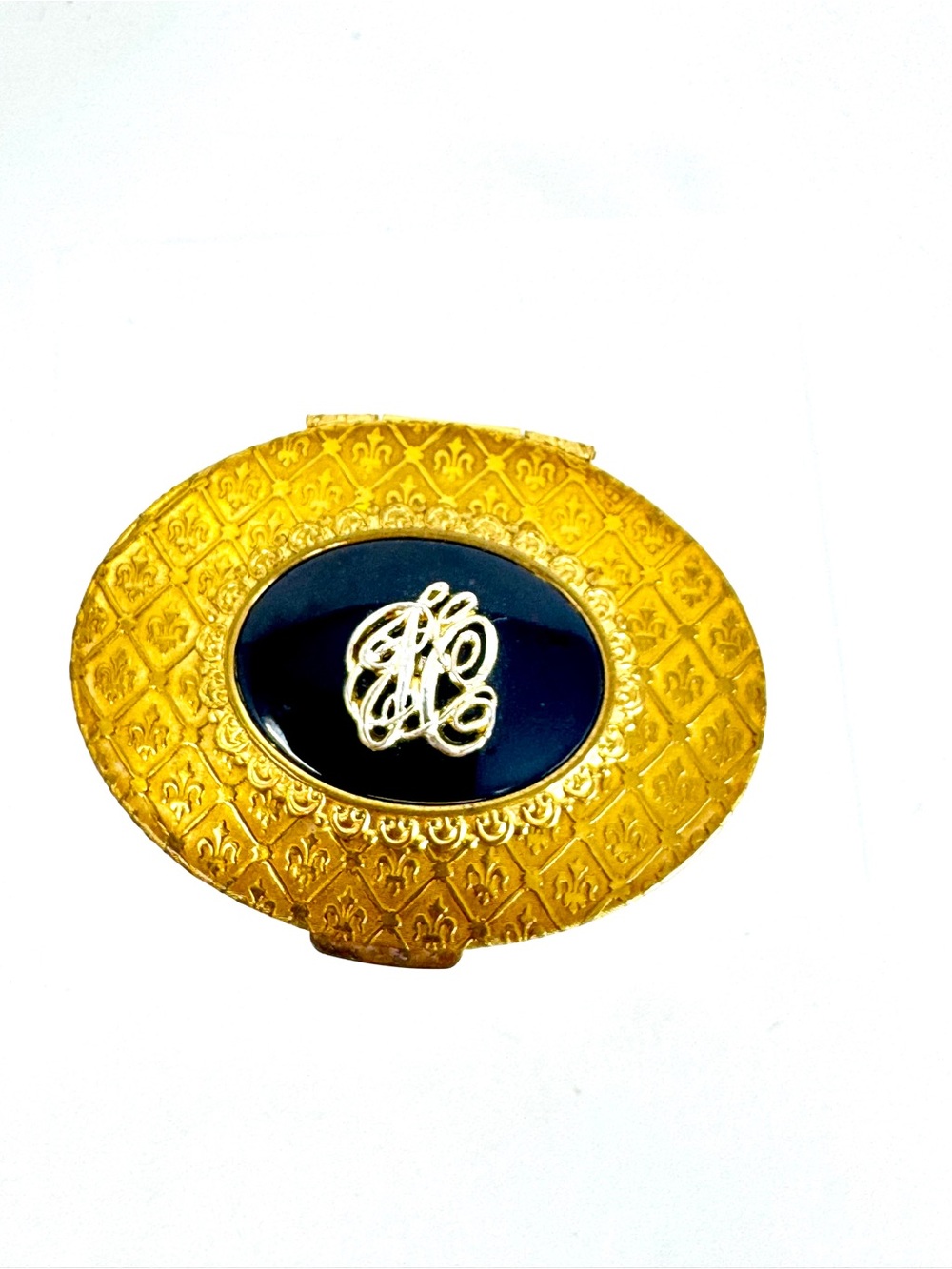 Vintage Jacqueline Cochran L'Opera Compact Powder Case Fleur-de-lis Gold Black